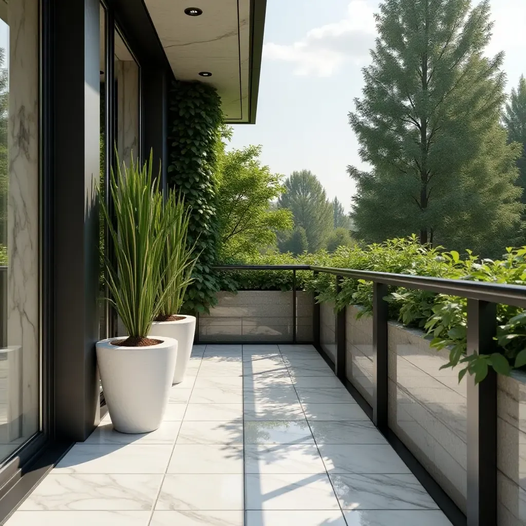 a photo of a stylish balcony with marble railings and lush greenery