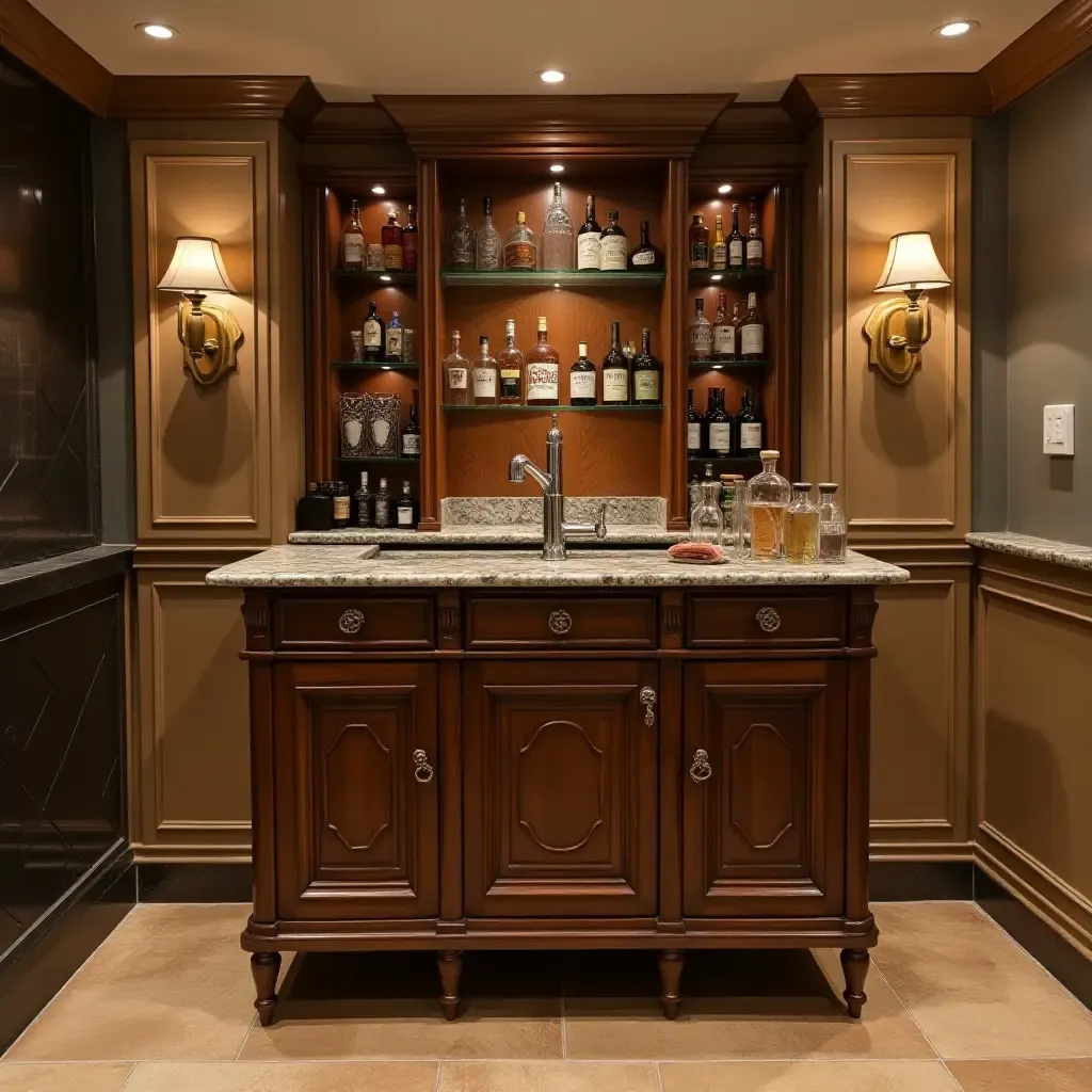 a photo of a retro bar cart in a basement entertainment area