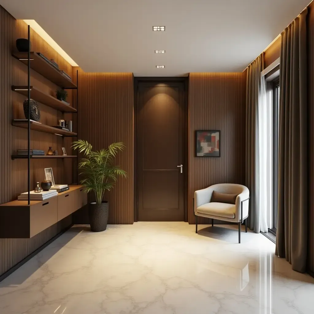 a photo of a chic entrance hall featuring stylish shelving and elegant lighting