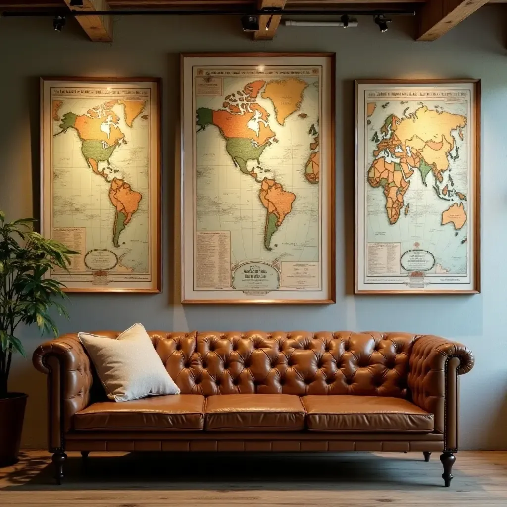 a photo of a collection of framed vintage maps on a basement wall