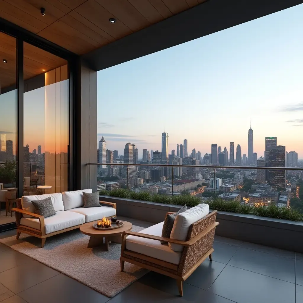 a photo of a luxury balcony with a stunning city view and elegant seating