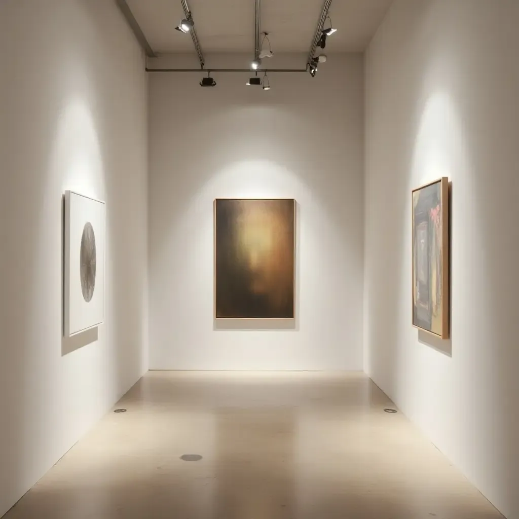 a photo of a minimalist basement gallery showcasing artwork