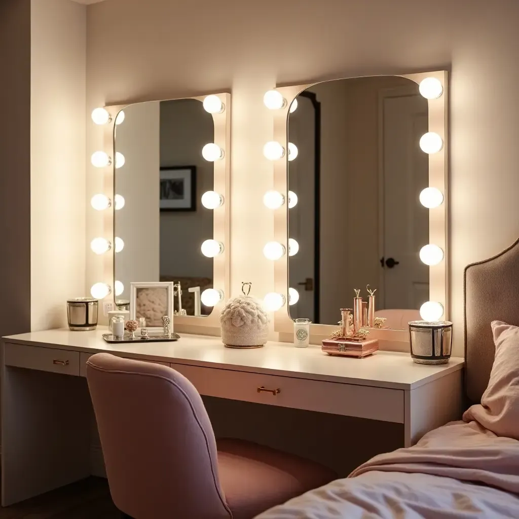 a photo of a glamorous vanity area in a teen&#x27;s bedroom with stylish mirrors and lighting