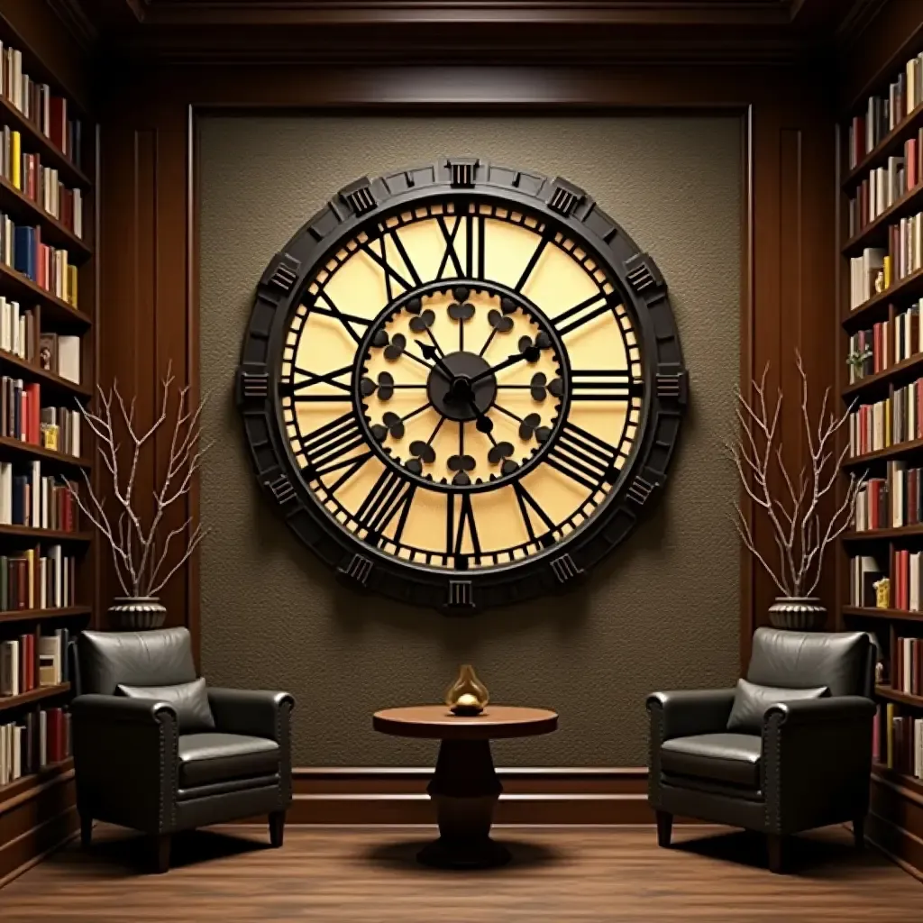 a photo of a library with a large metal clock and rustic wall art