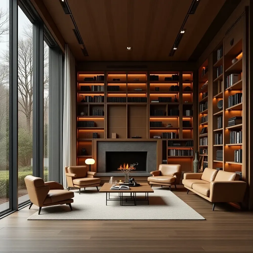 a photo of a sleek library featuring a mid-century modern coffee table and retro lamps