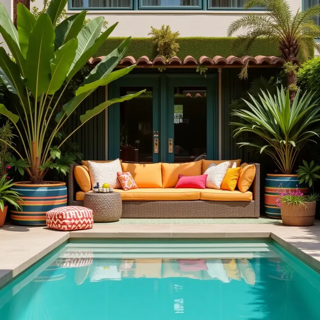 a photo of a poolside area with colorful cushions and plants