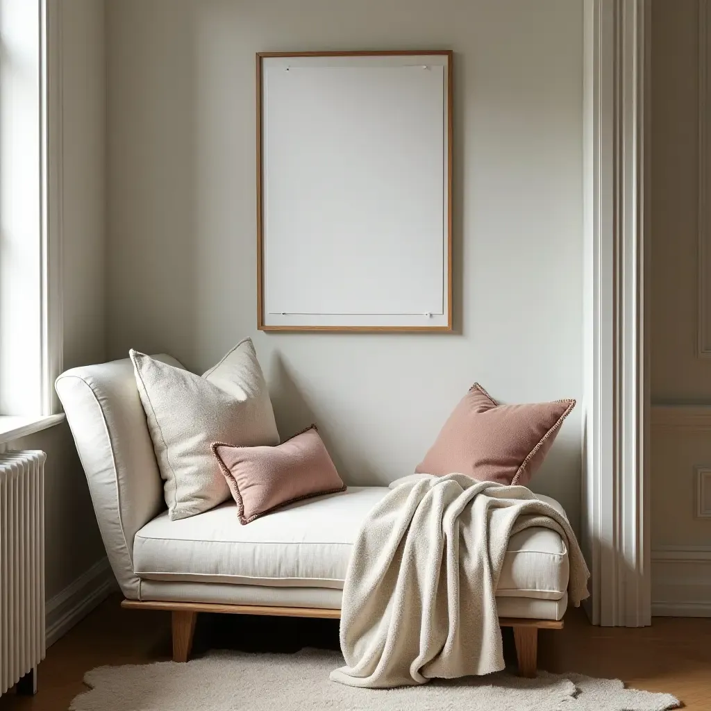 a photo of a reading nook featuring a plush chaise lounge and throw pillows