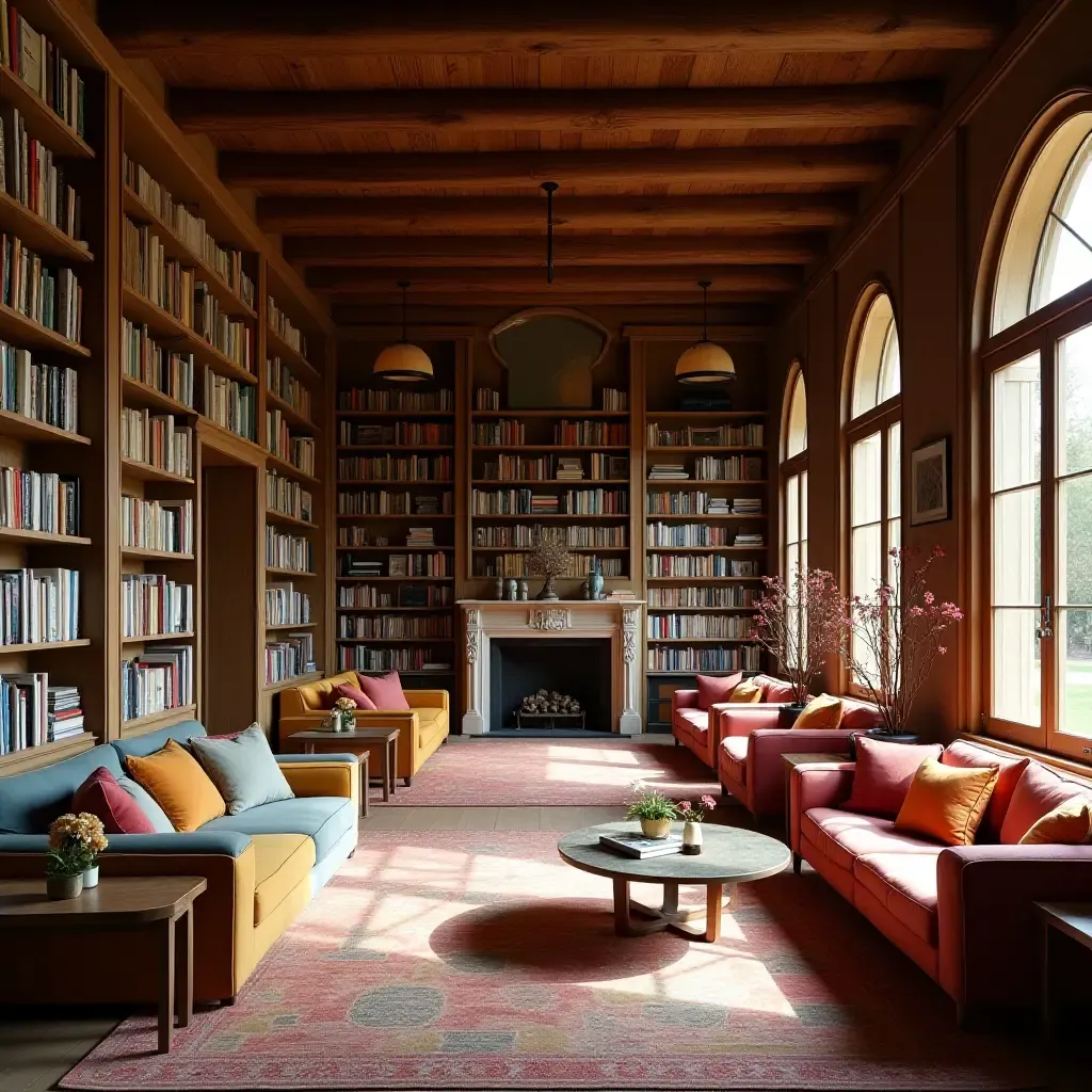 a photo of a library with wooden beams and colorful cushions