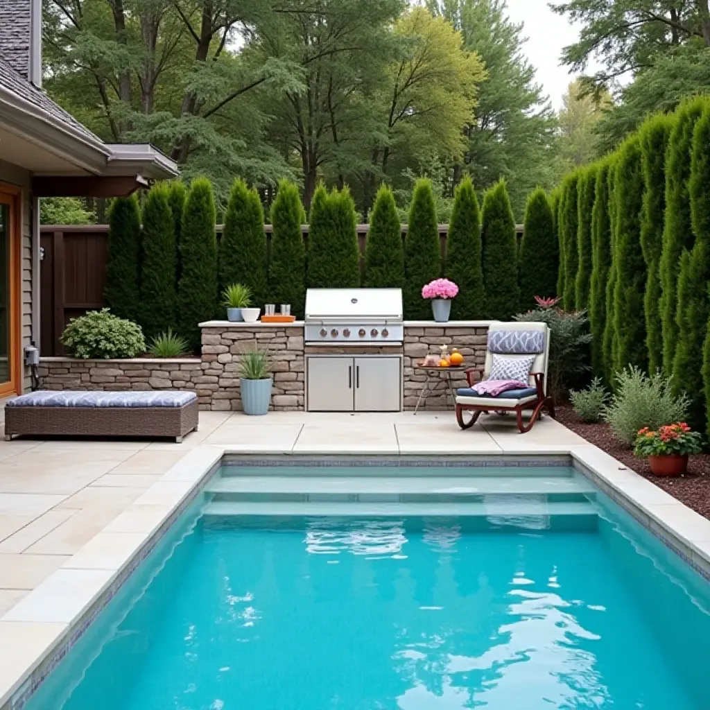 a photo of a small pool featuring a compact outdoor kitchen