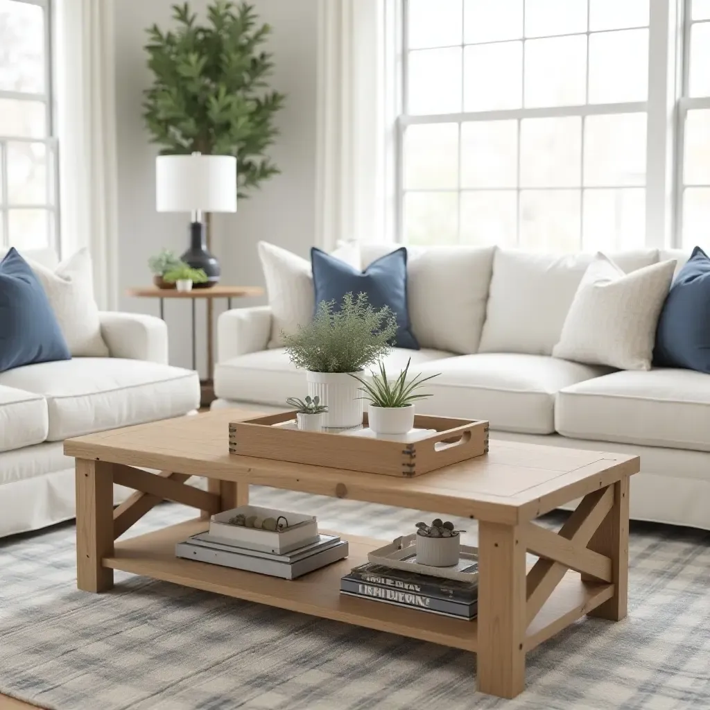 a photo of a living room with a farmhouse-style coffee table and decorative trays