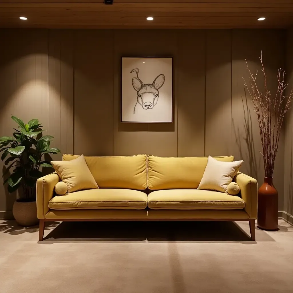 a photo of a classic mid-century modern couch in a basement