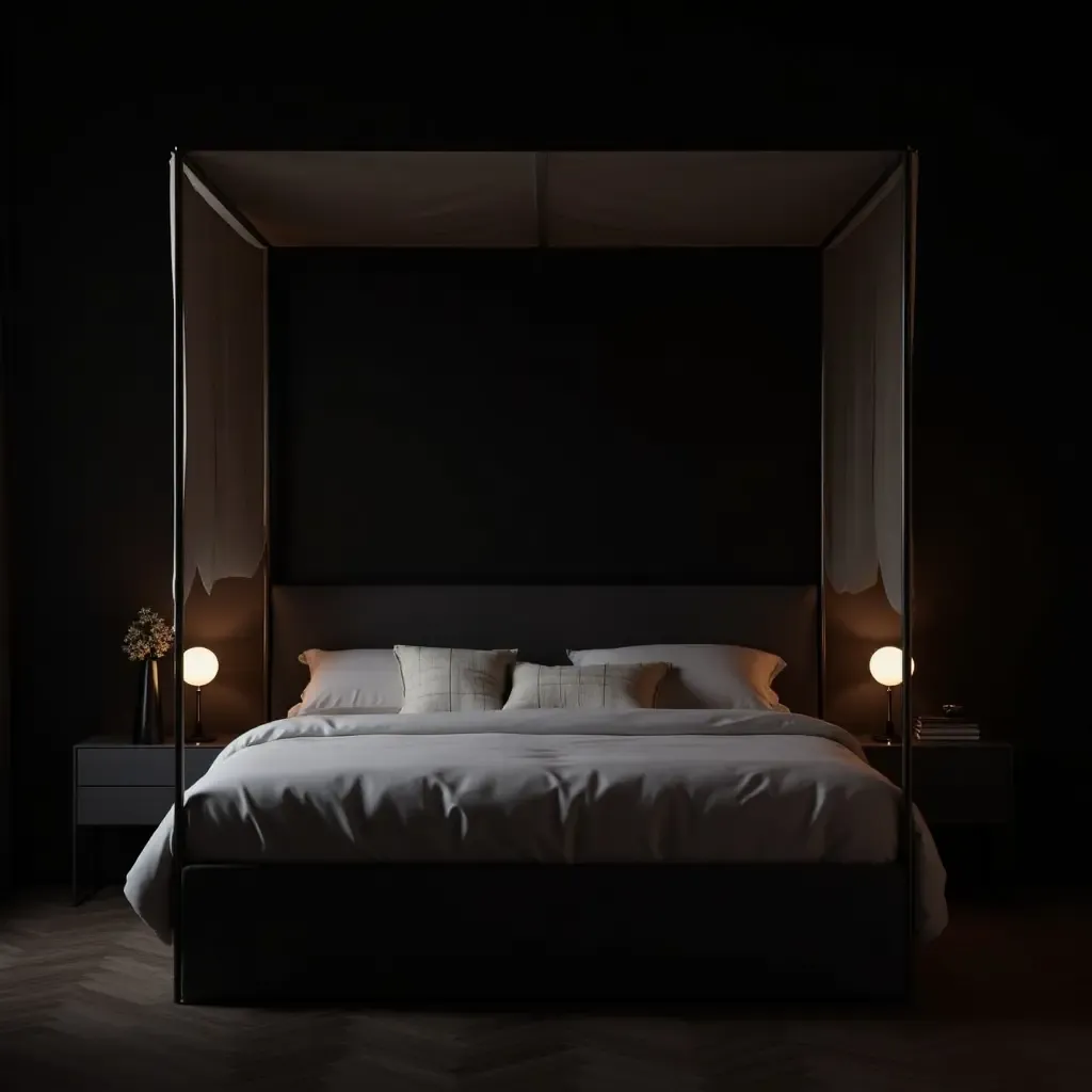 a photo of a luxurious canopy bed in a dark, moody bedroom