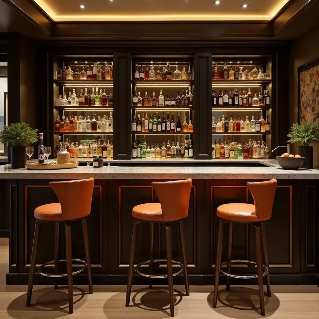 a photo of a stylish basement bar with shelves for liquor and mixers