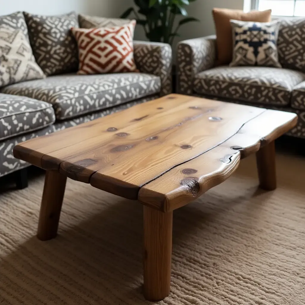 a photo of a rustic wooden coffee table surrounded by patterned cushions