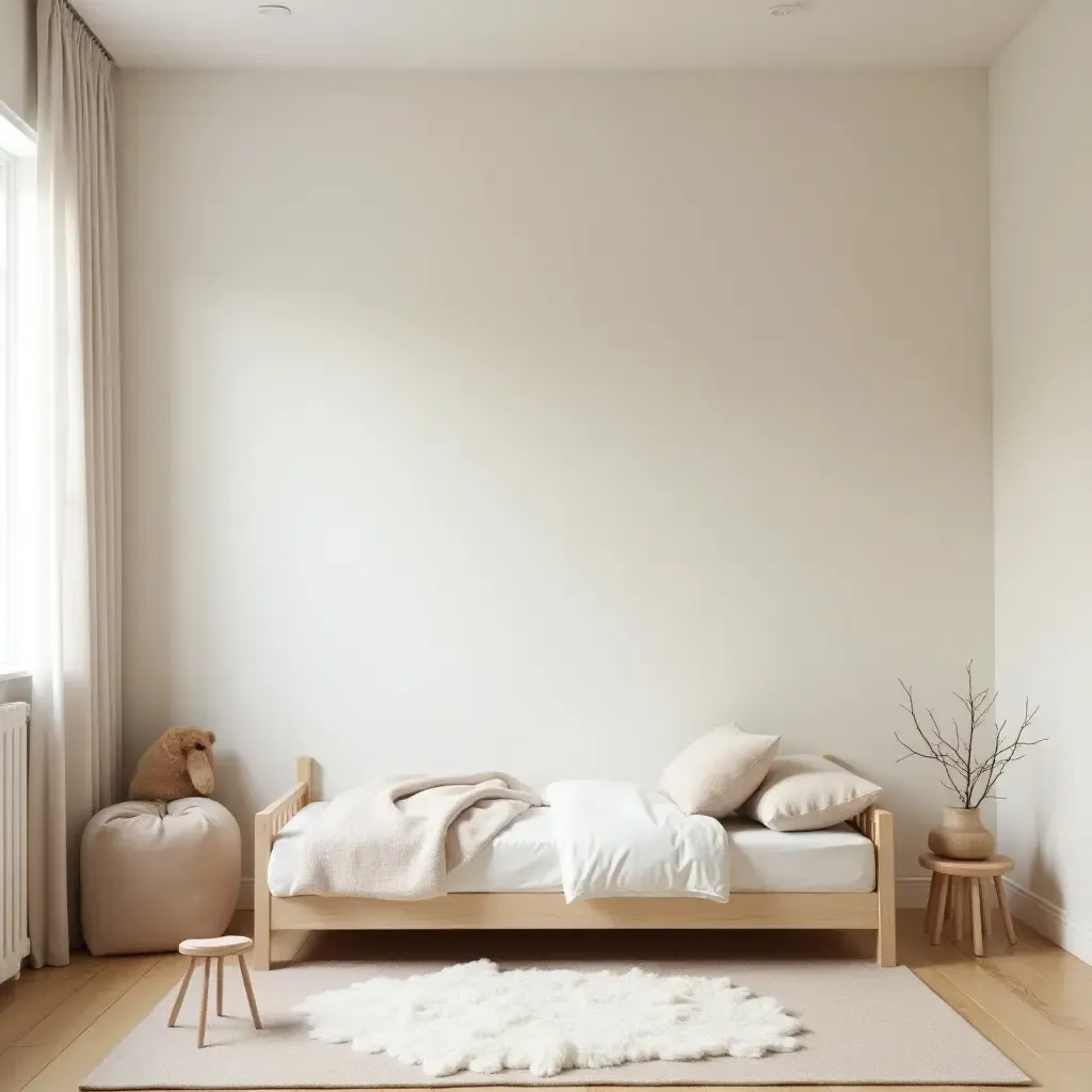 a photo of a minimalist kids&#x27; bedroom featuring natural materials and soft tones