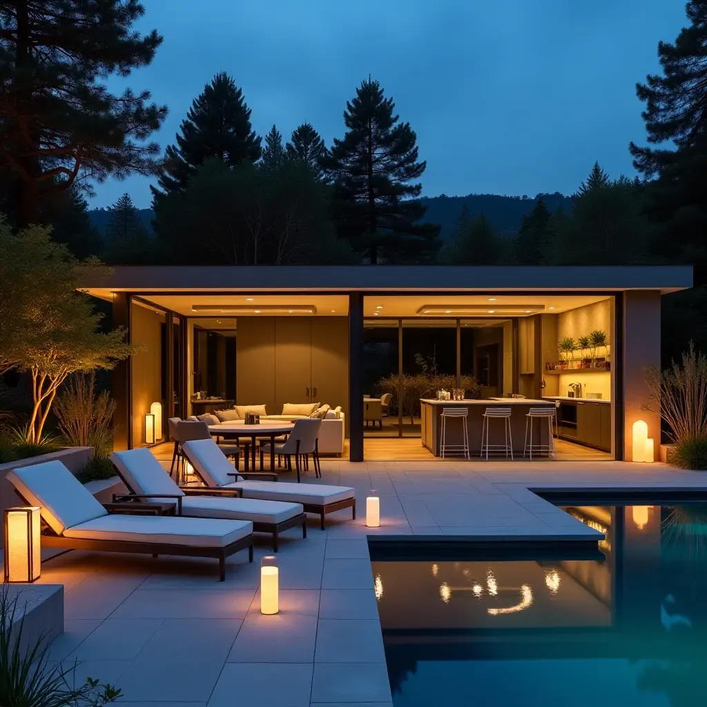 a photo of a modern outdoor lounge with sleek furniture and ambient lighting