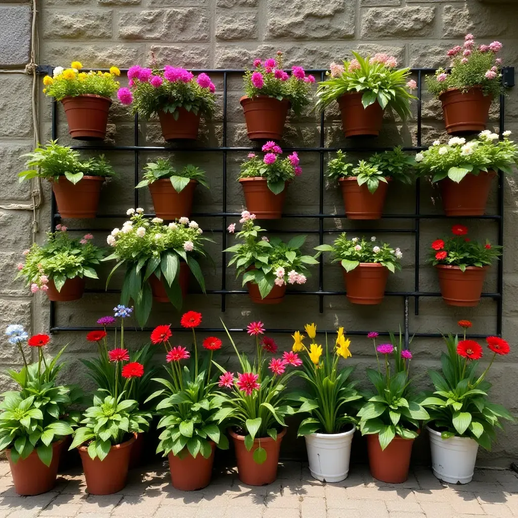 a photo of a garden wall with a variety of potted flowers and plants