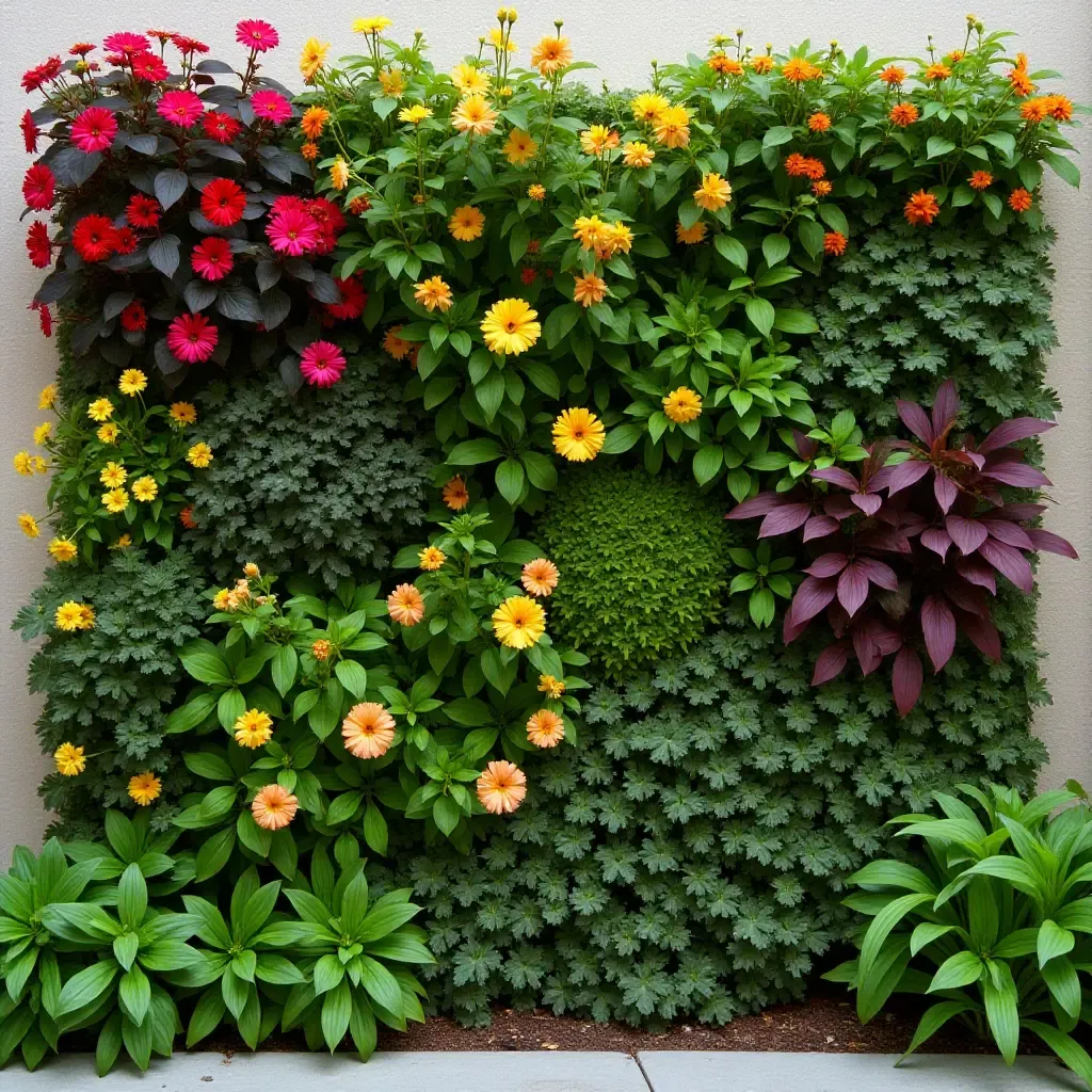 a photo of a vertical garden wall with a variety of vibrant flowers and greenery