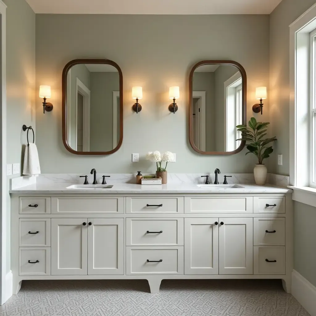 a photo of a modern bathroom with vintage-inspired cabinetry and sleek faucets