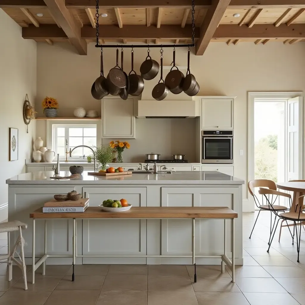 a photo of a kitchen with a Mediterranean-style hanging pot rack