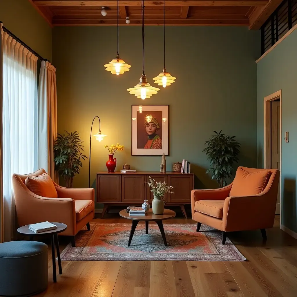 a photo of a retro living room featuring vintage pendant lights and nostalgic elements