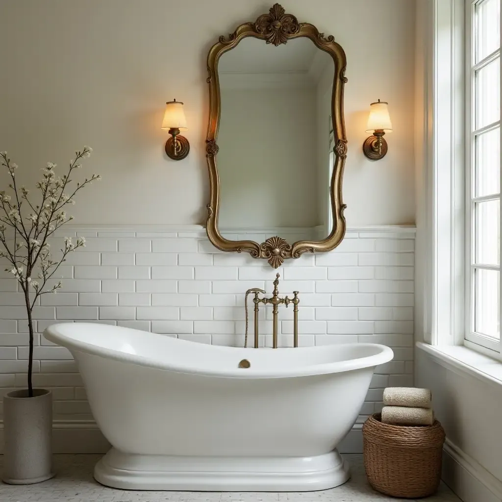 a photo of a vintage-inspired bathroom with antique metallic fixtures