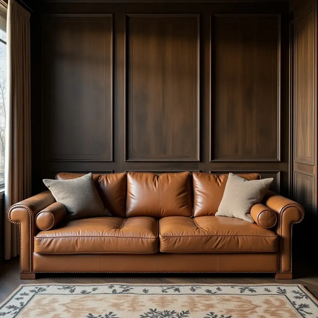 a photo of a rustic leather sofa paired with dark wood accents