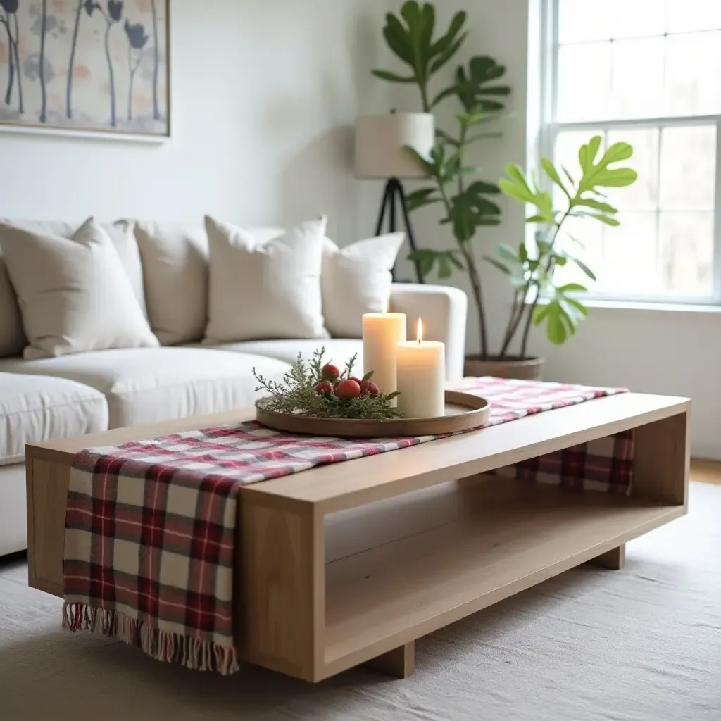 a photo of a modern farmhouse coffee table adorned with a plaid runner and candles