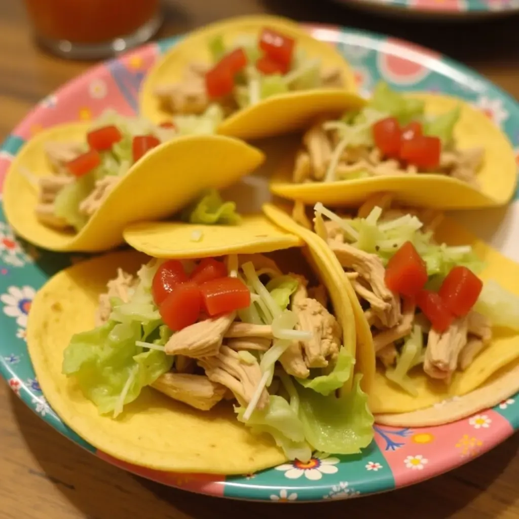 a photo of sopes topped with shredded chicken, lettuce, and salsa, arranged on a colorful plate.