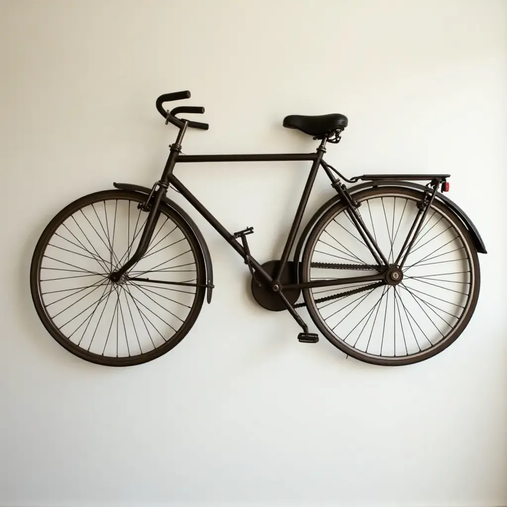 a photo of a vintage bicycle hanging on the wall as decor