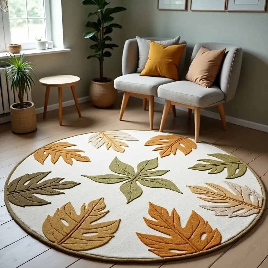 a photo of a nature-themed rug with leaf patterns in a tranquil space