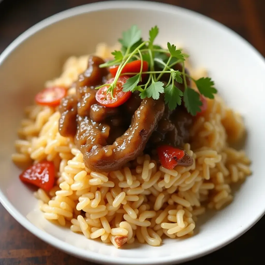 a photo of Khao Khluk Kapi, fried rice with shrimp paste, topped with sweet pork and fresh vegetables.