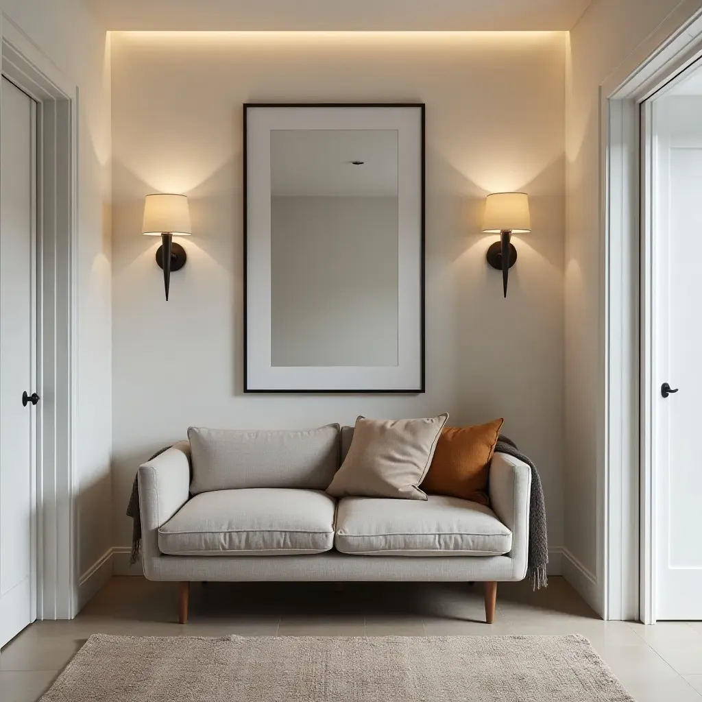 a photo of a chic entryway featuring a stylish loveseat and accent lighting