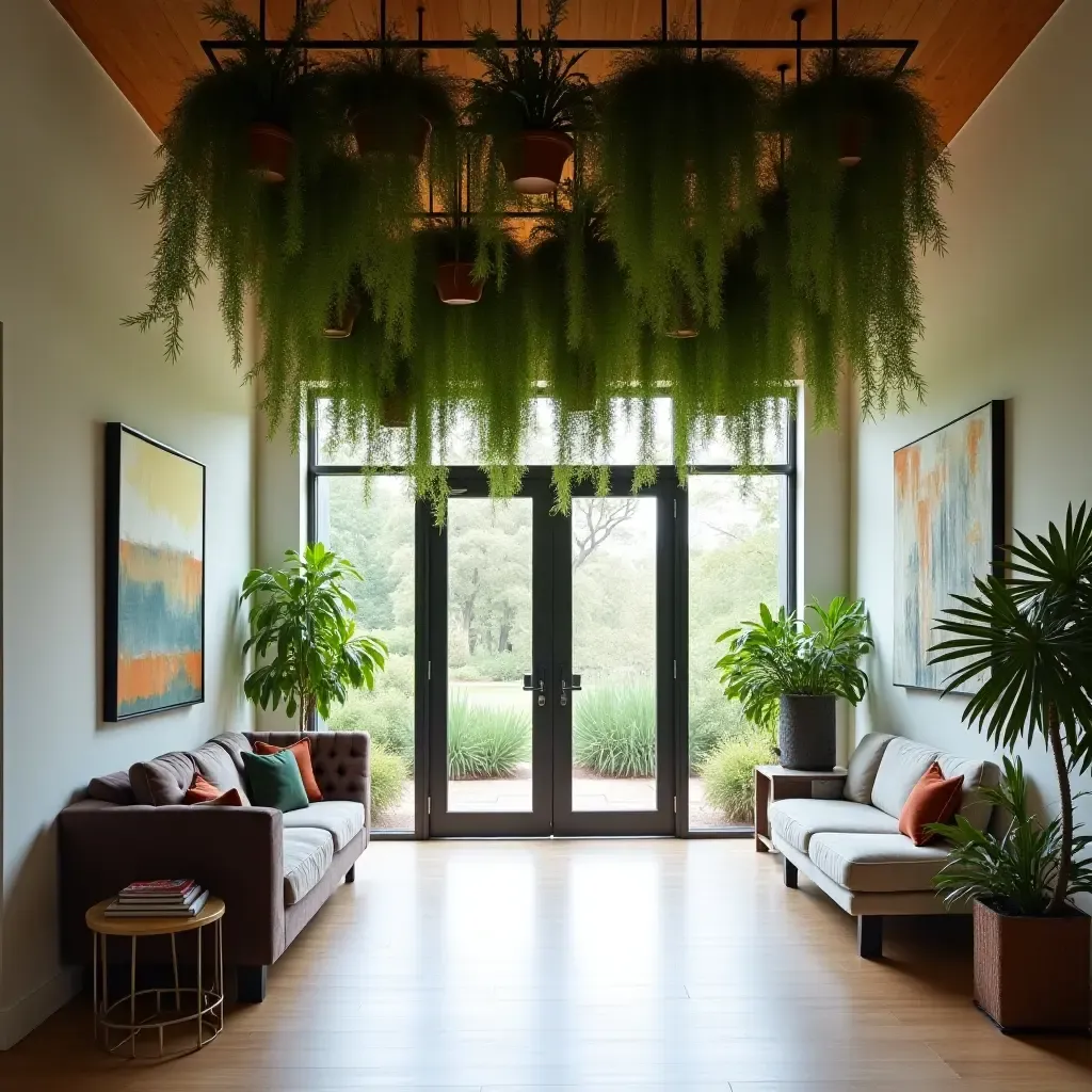 a photo of hanging plants cascading from the ceiling in a modern foyer