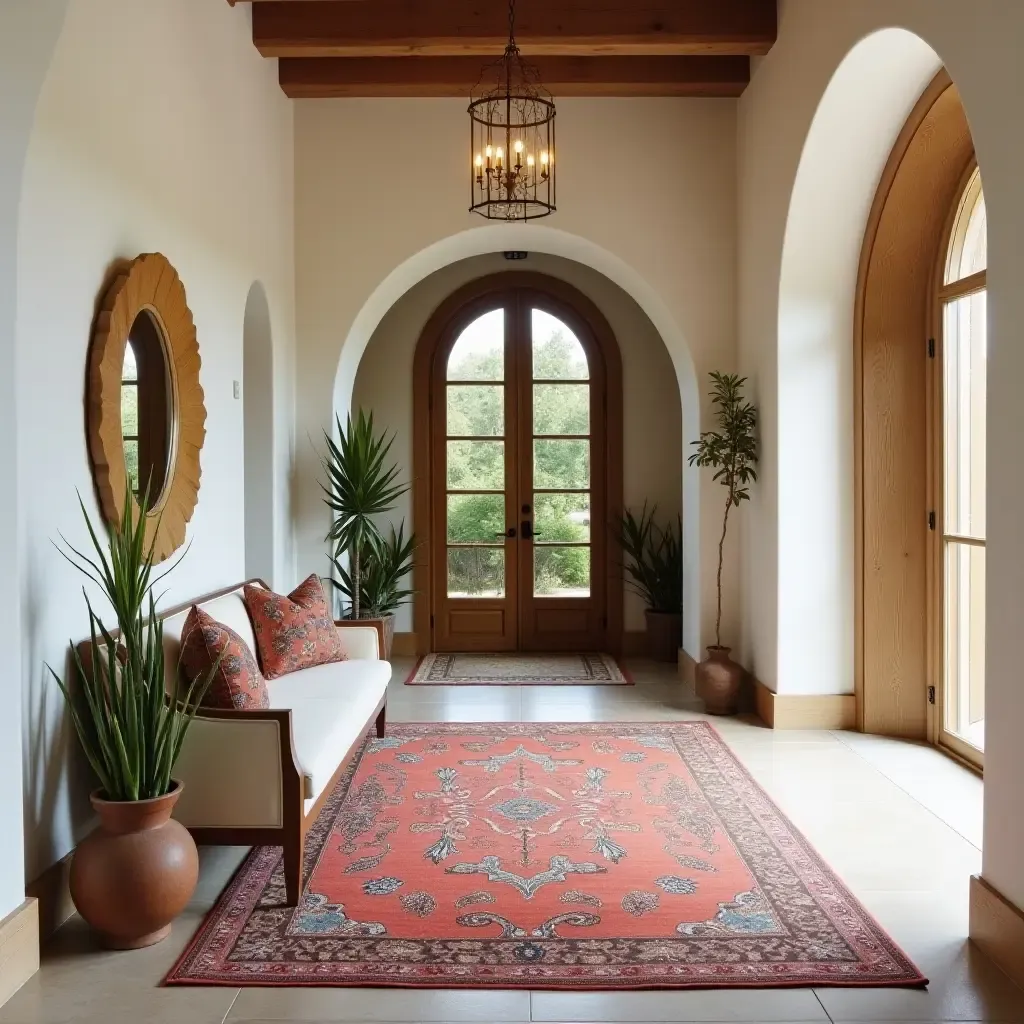 a photo of a Mediterranean-themed foyer with a beautiful area rug