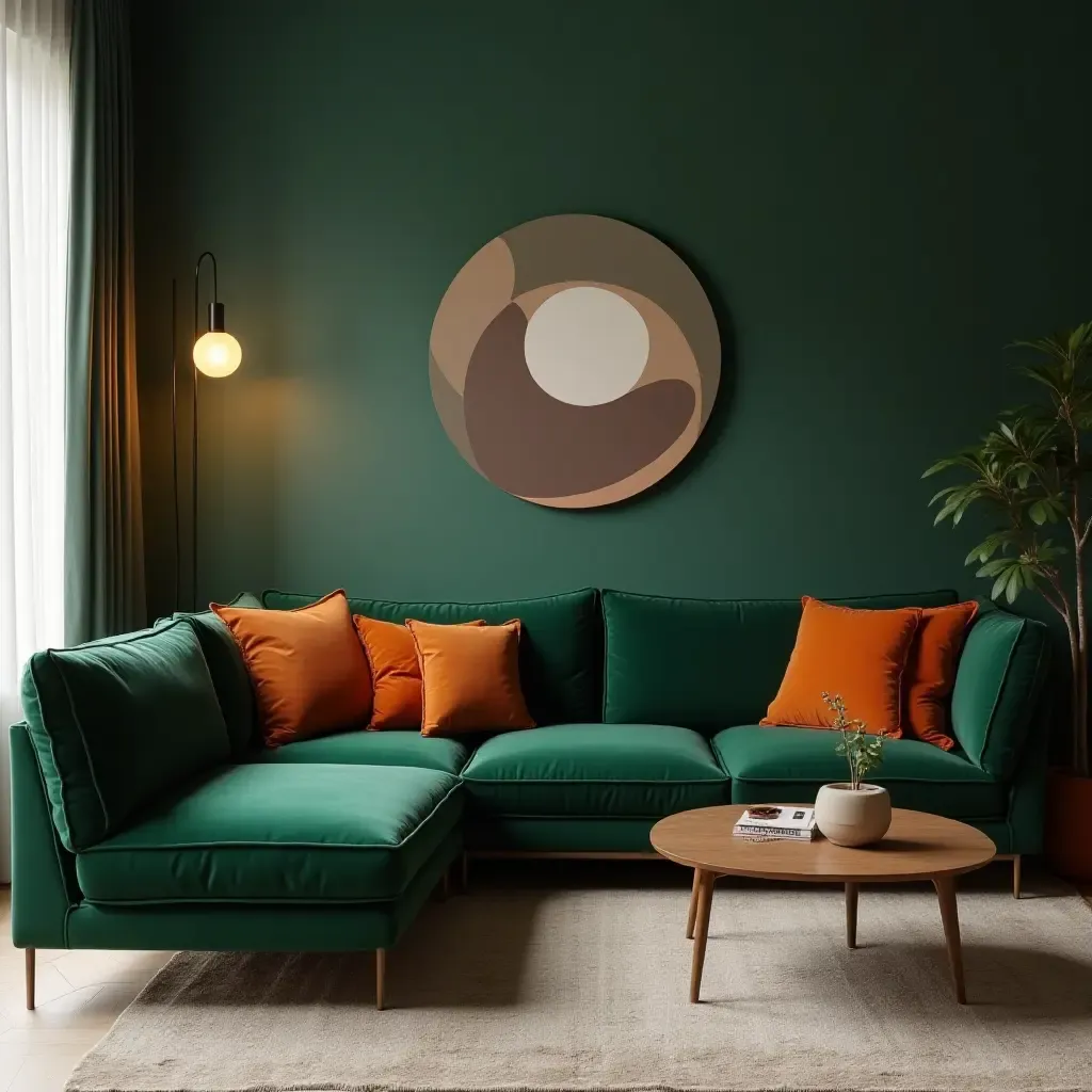 a photo of a modern living room with dark green furniture and burnt orange pillows