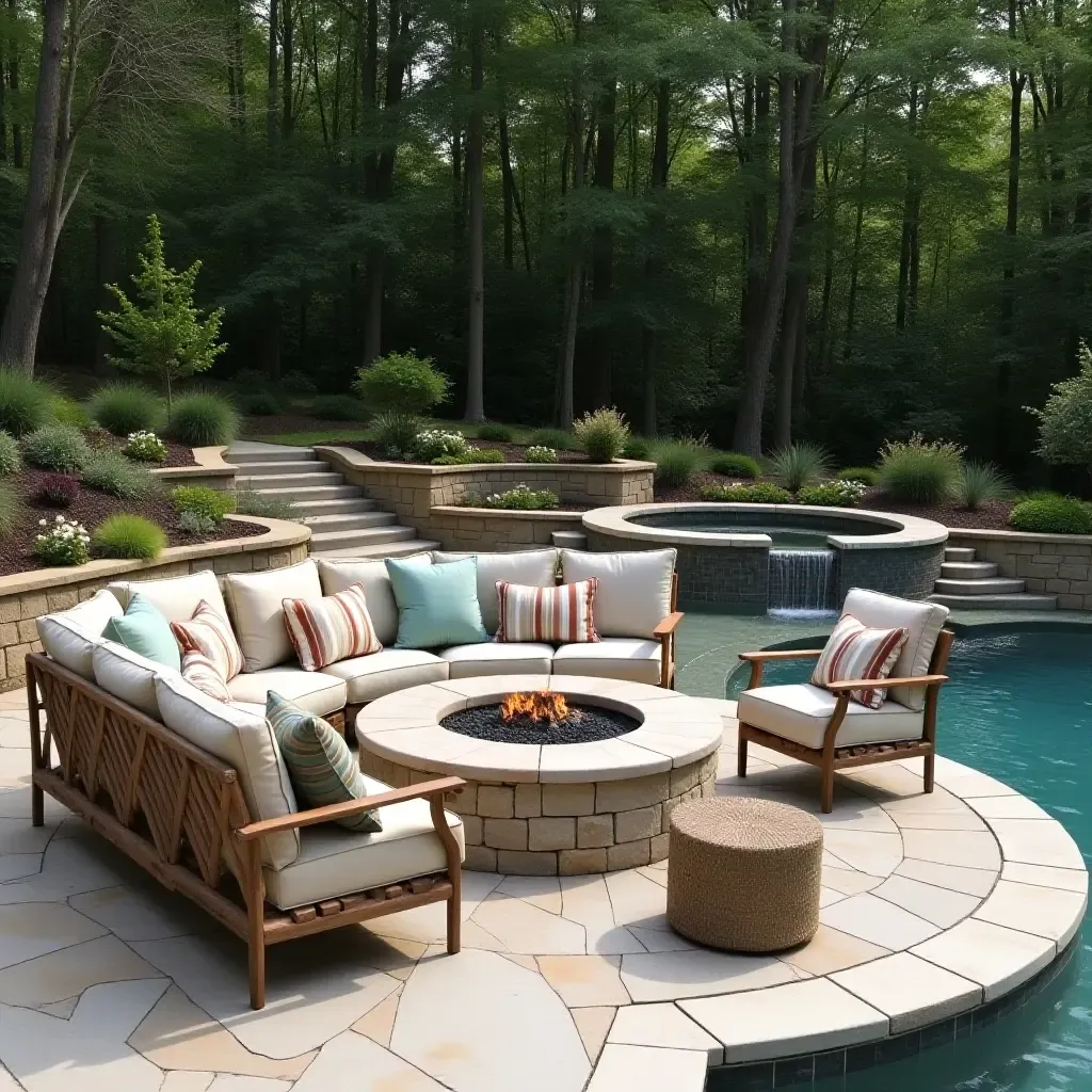 a photo of a cozy fire pit area by the pool with farmhouse-style seating and decor