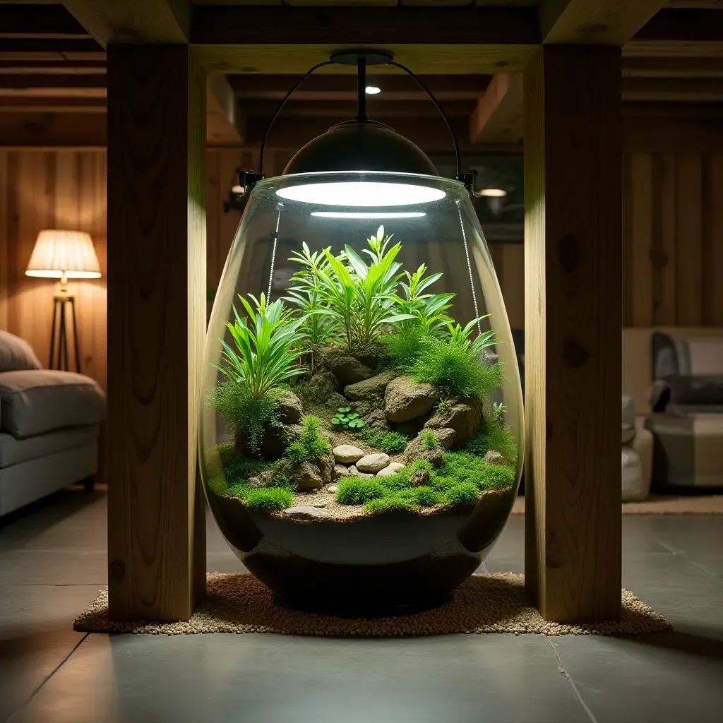 a photo of a basement with a terrarium as a focal point