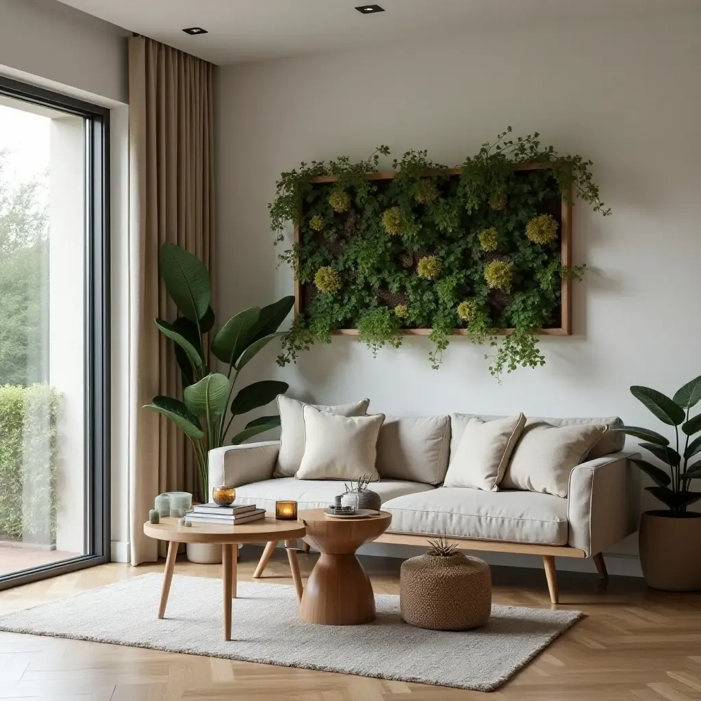 a photo of a small living room dining room combo with vertical garden decor