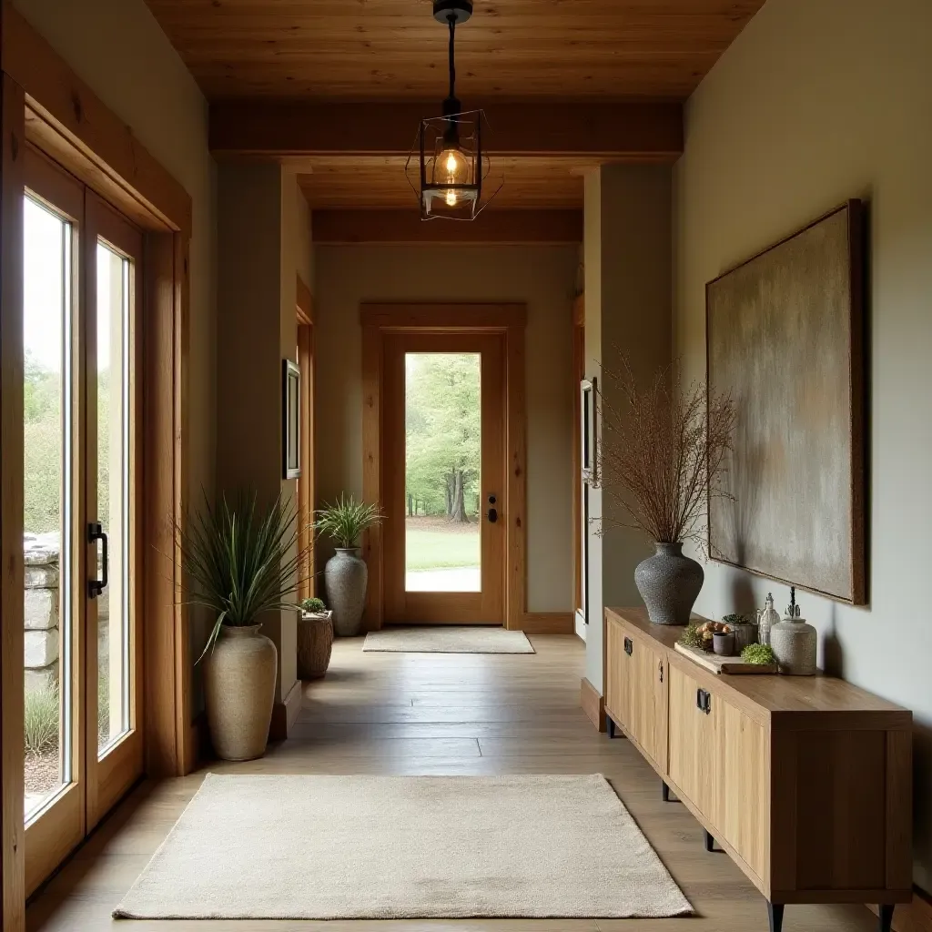 a photo of a rustic entrance hall with wooden accents and natural elements