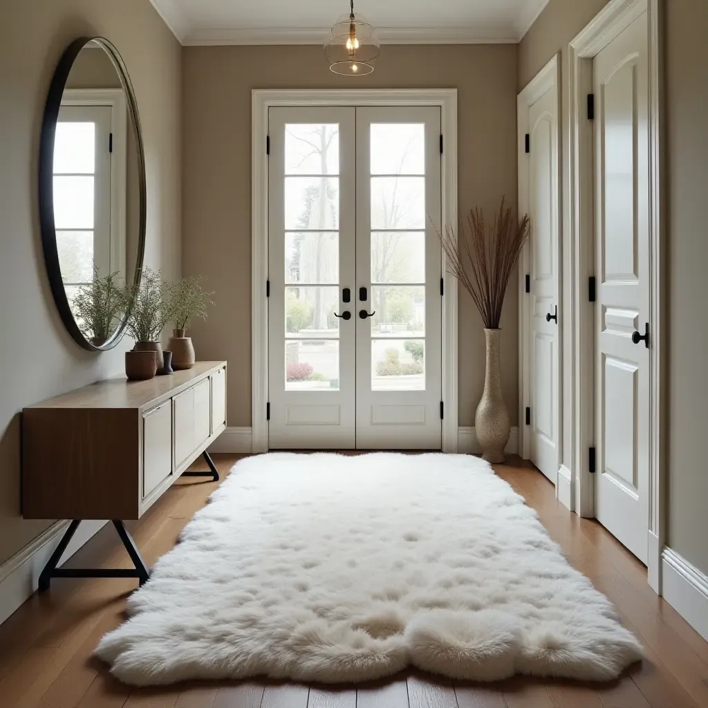 a photo of a chic faux fur rug adding luxury to an entrance hall