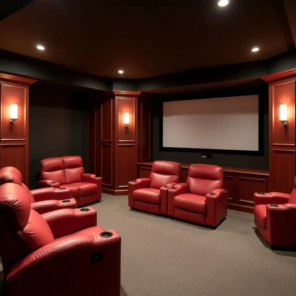 a photo of a basement home theater with adjustable seating and soundproofing