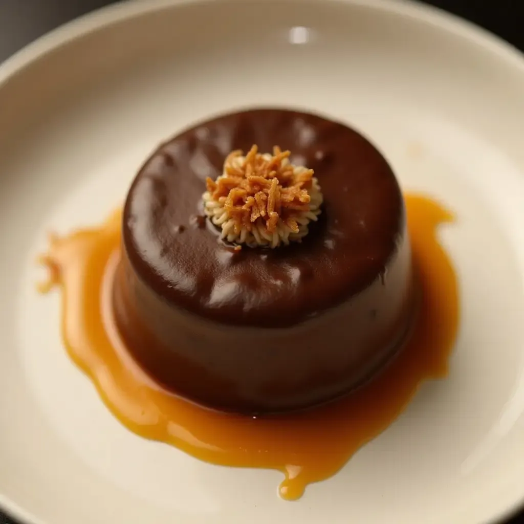 a photo of a chocolate dessert with a hint of umami from miso caramel drizzle.