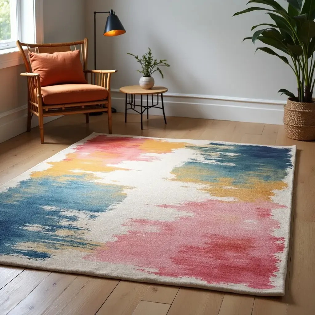 a photo of a hand-painted rug with artistic flair in a creative space