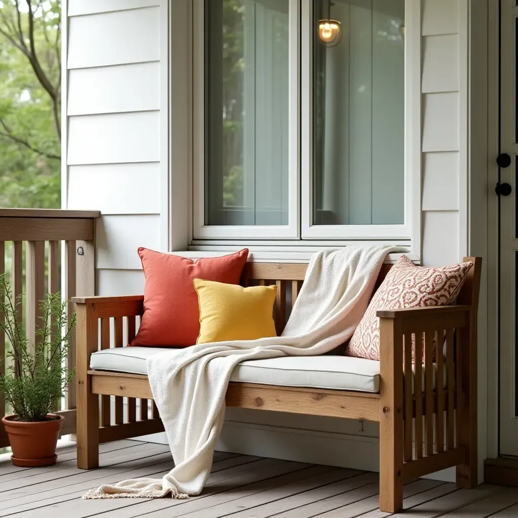 a photo of a cozy wooden bench with colorful cushions on a balcony