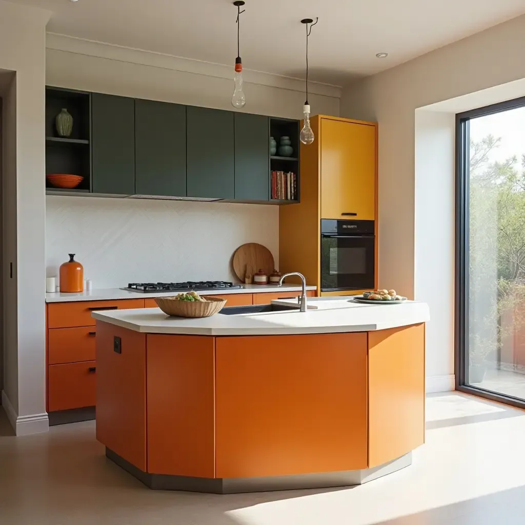 a photo of a unique kitchen island with a hexagonal shape and bold colors