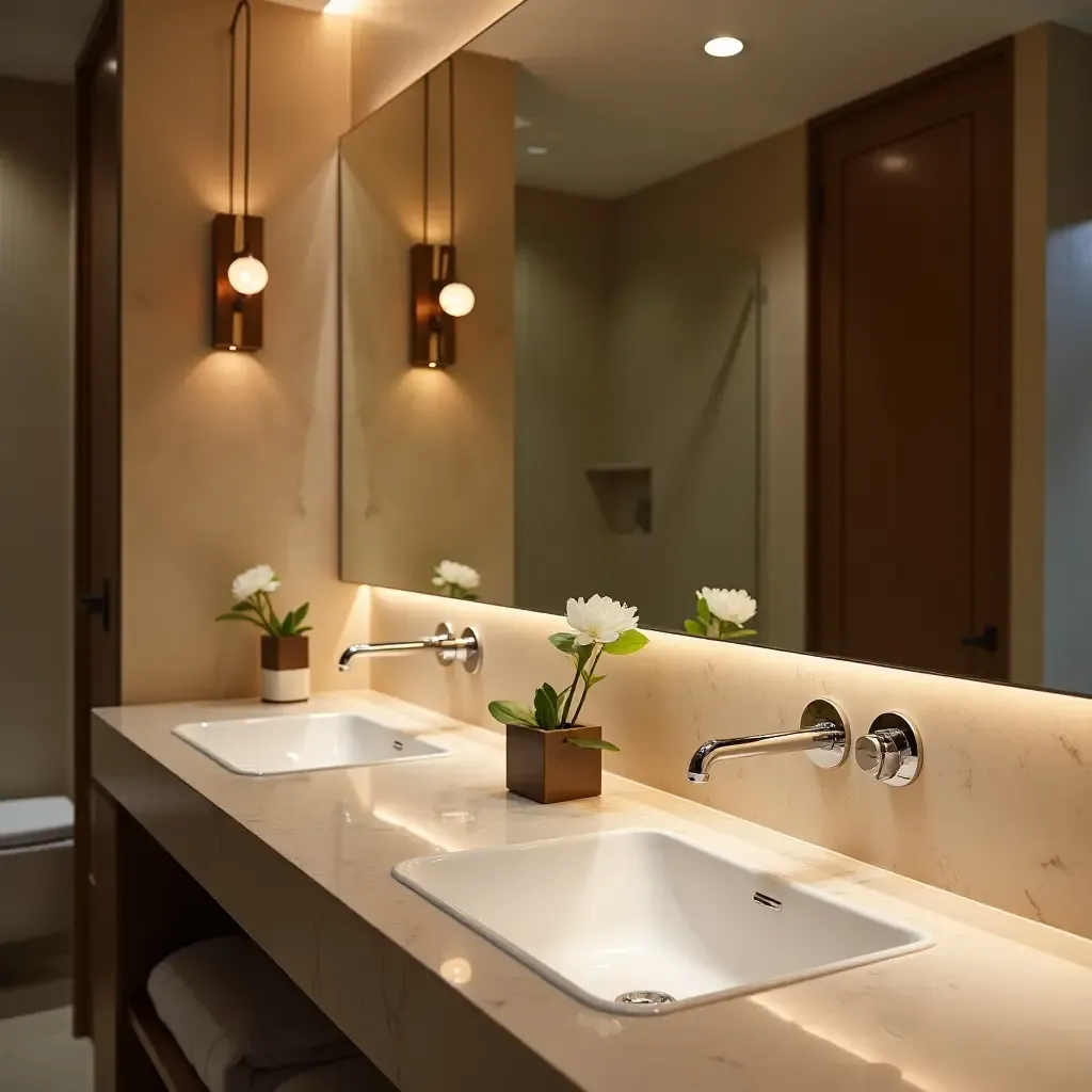 a photo of a bathroom with metallic lighting fixtures and elegant ambiance