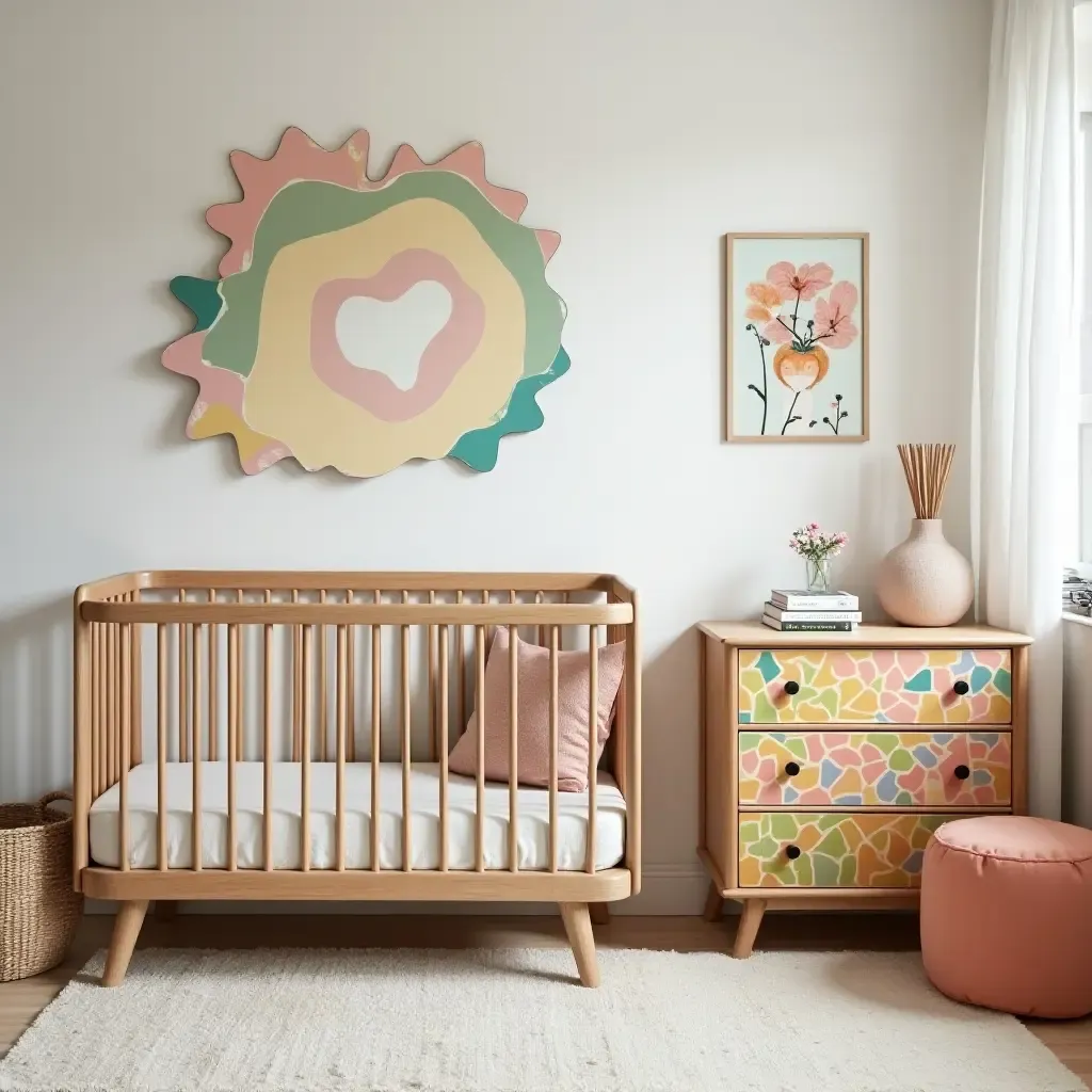 a photo of a whimsical nursery with colorful mosaic patterns on furniture