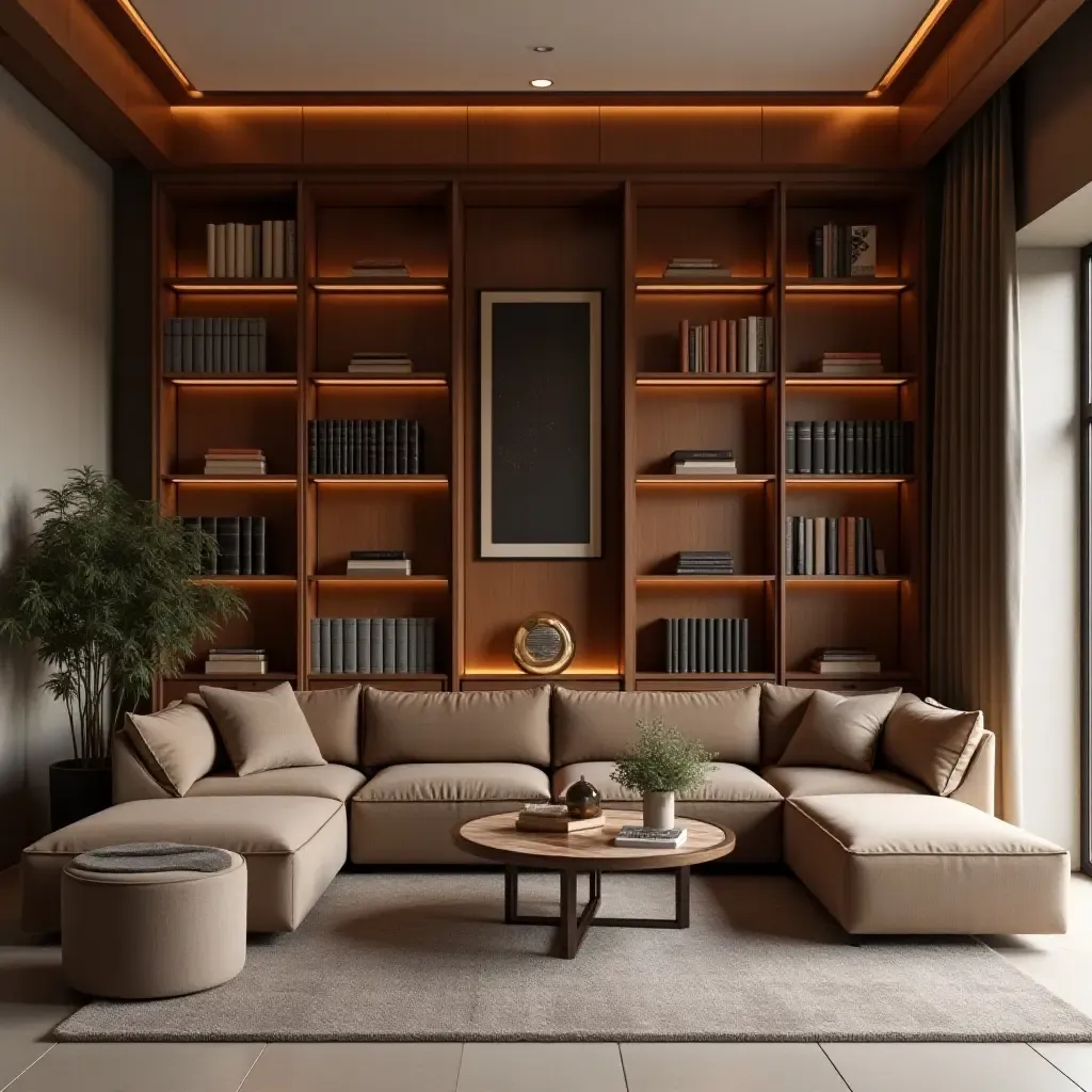 a photo of a minimalist library with copper accents and sleek furniture