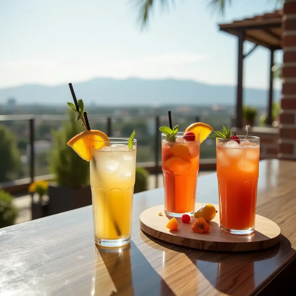 a photo of a balcony featuring a stylish outdoor bar with Mediterranean drinks